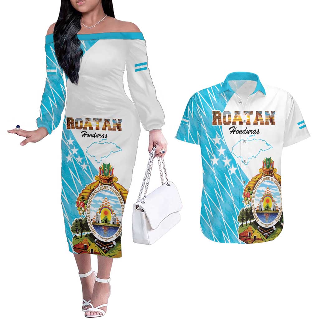 Personalized Honduras Coat Of Arms Couples Matching Off The Shoulder Long Sleeve Dress and Hawaiian Shirt Flag Color Style - Wonder Print Shop