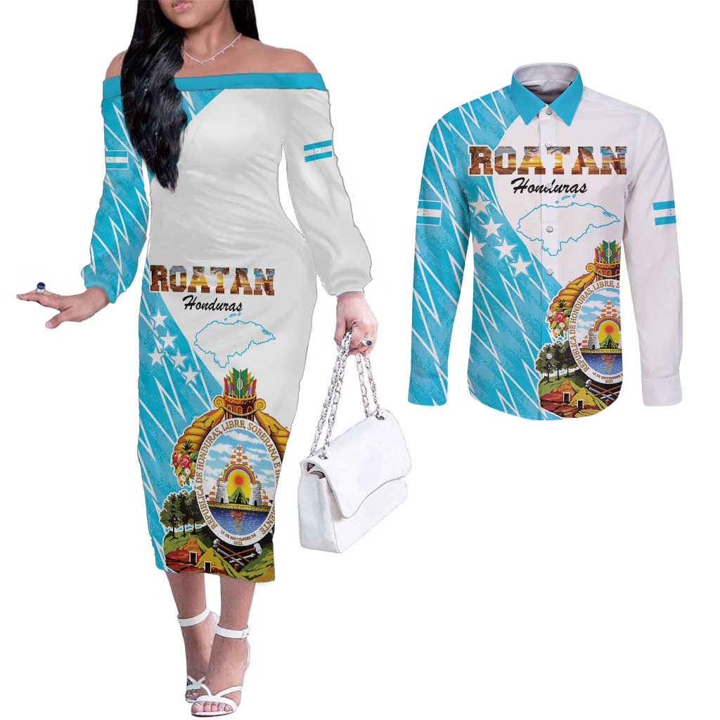 Personalized Honduras Coat Of Arms Couples Matching Off The Shoulder Long Sleeve Dress and Long Sleeve Button Shirt Flag Color Style