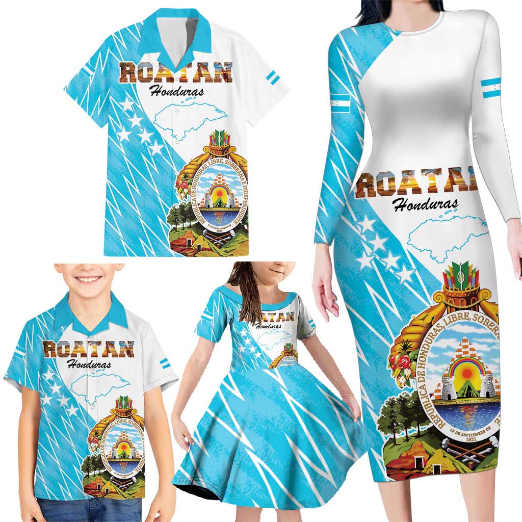 Personalized Honduras Coat Of Arms Family Matching Long Sleeve Bodycon Dress and Hawaiian Shirt Flag Color Style - Wonder Print Shop