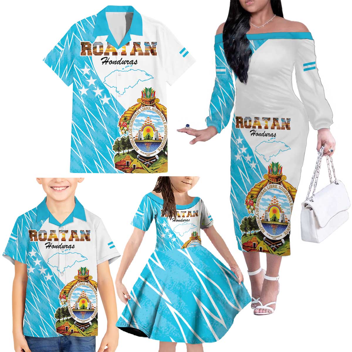 Personalized Honduras Coat Of Arms Family Matching Off The Shoulder Long Sleeve Dress and Hawaiian Shirt Flag Color Style - Wonder Print Shop