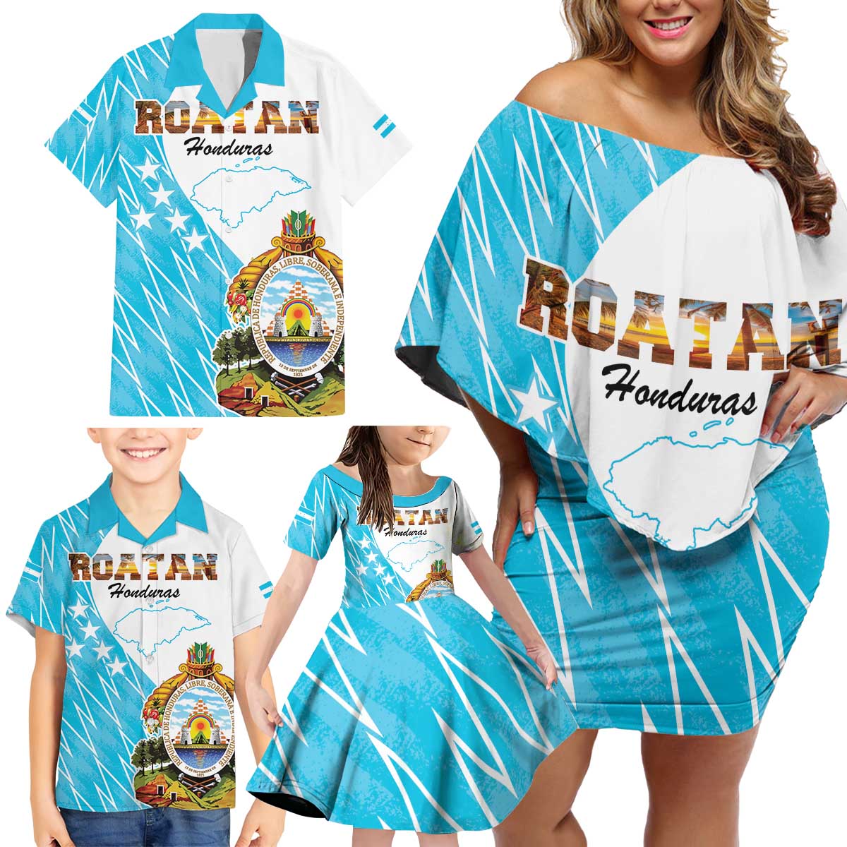 Personalized Honduras Coat Of Arms Family Matching Off Shoulder Short Dress and Hawaiian Shirt Flag Color Style - Wonder Print Shop