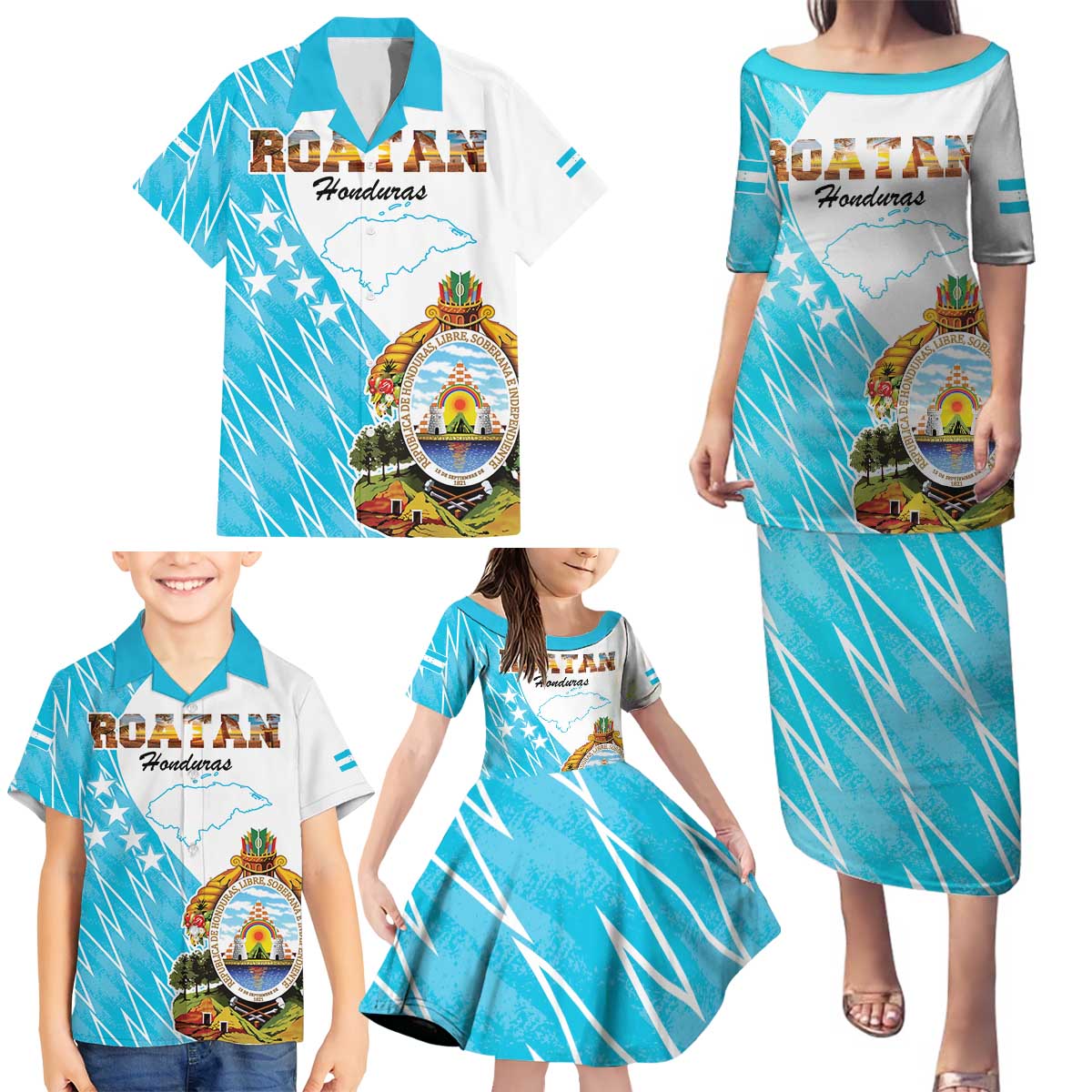 Personalized Honduras Coat Of Arms Family Matching Puletasi and Hawaiian Shirt Flag Color Style - Wonder Print Shop