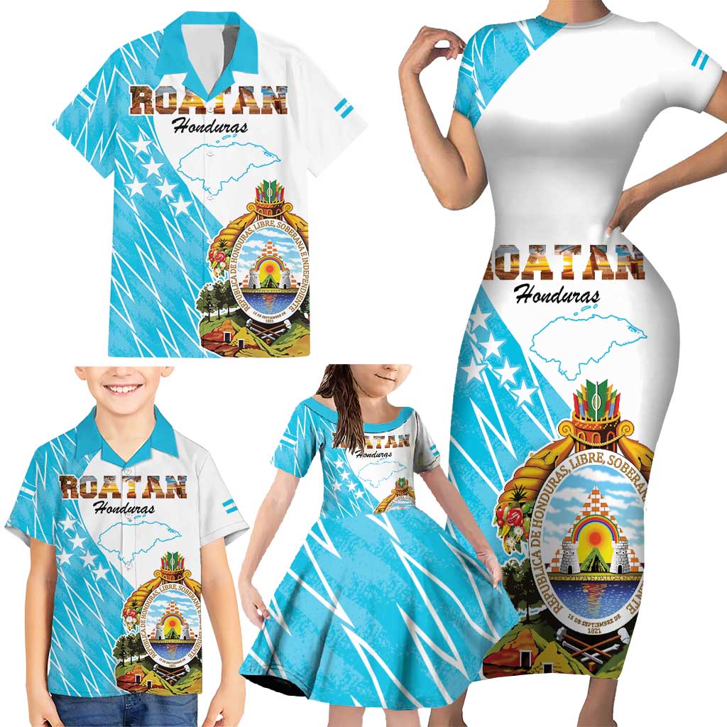 Personalized Honduras Coat Of Arms Family Matching Short Sleeve Bodycon Dress and Hawaiian Shirt Flag Color Style - Wonder Print Shop