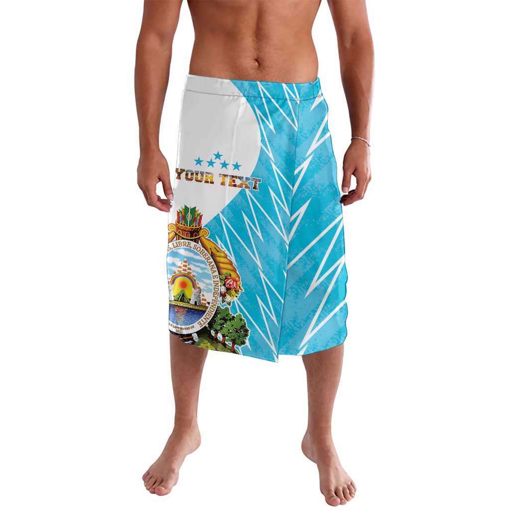 Lavalava sarong skirt with Honduras coat of arms on blue and white graphic panels