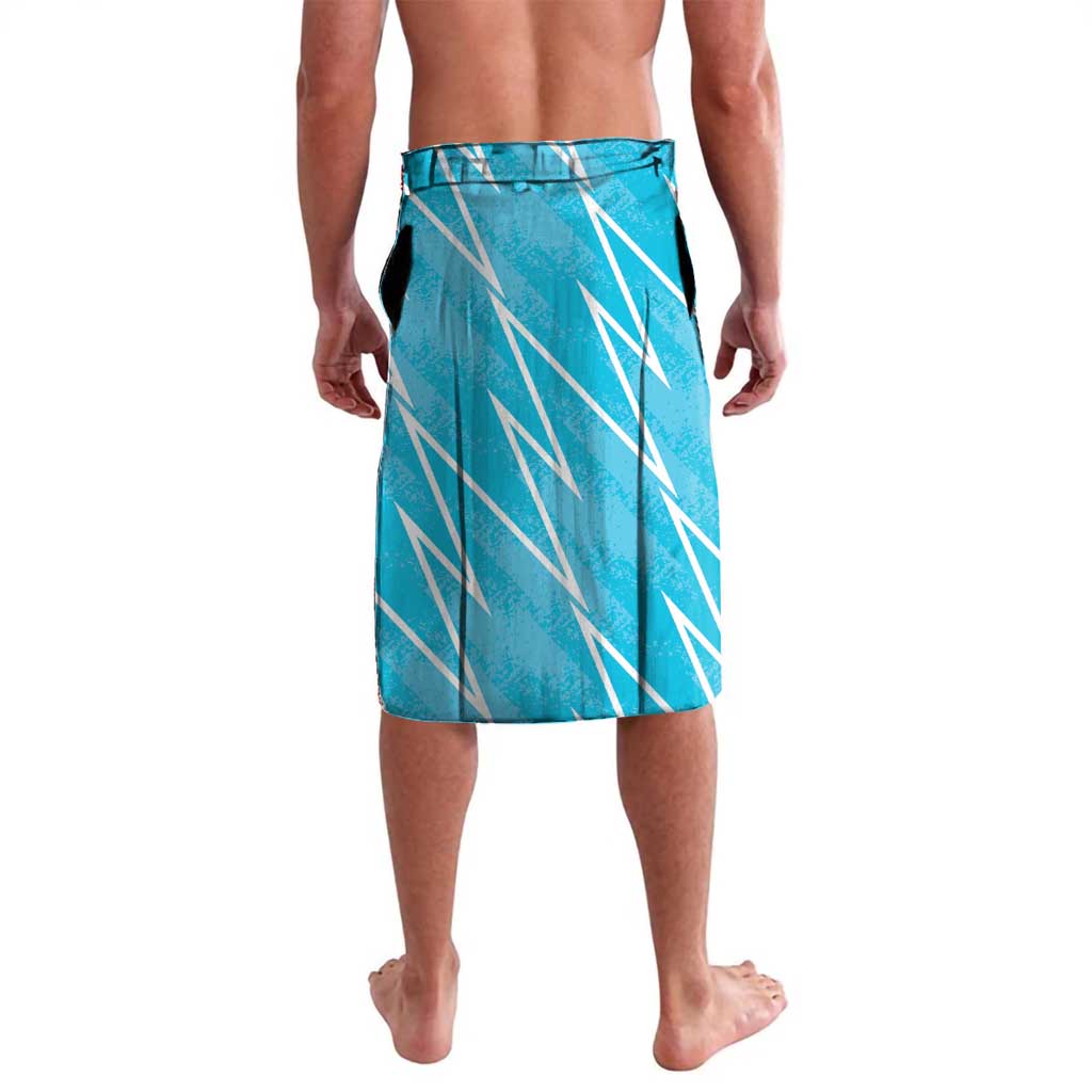 Lavalava sarong skirt with all-over blue geometric print and darker waistband