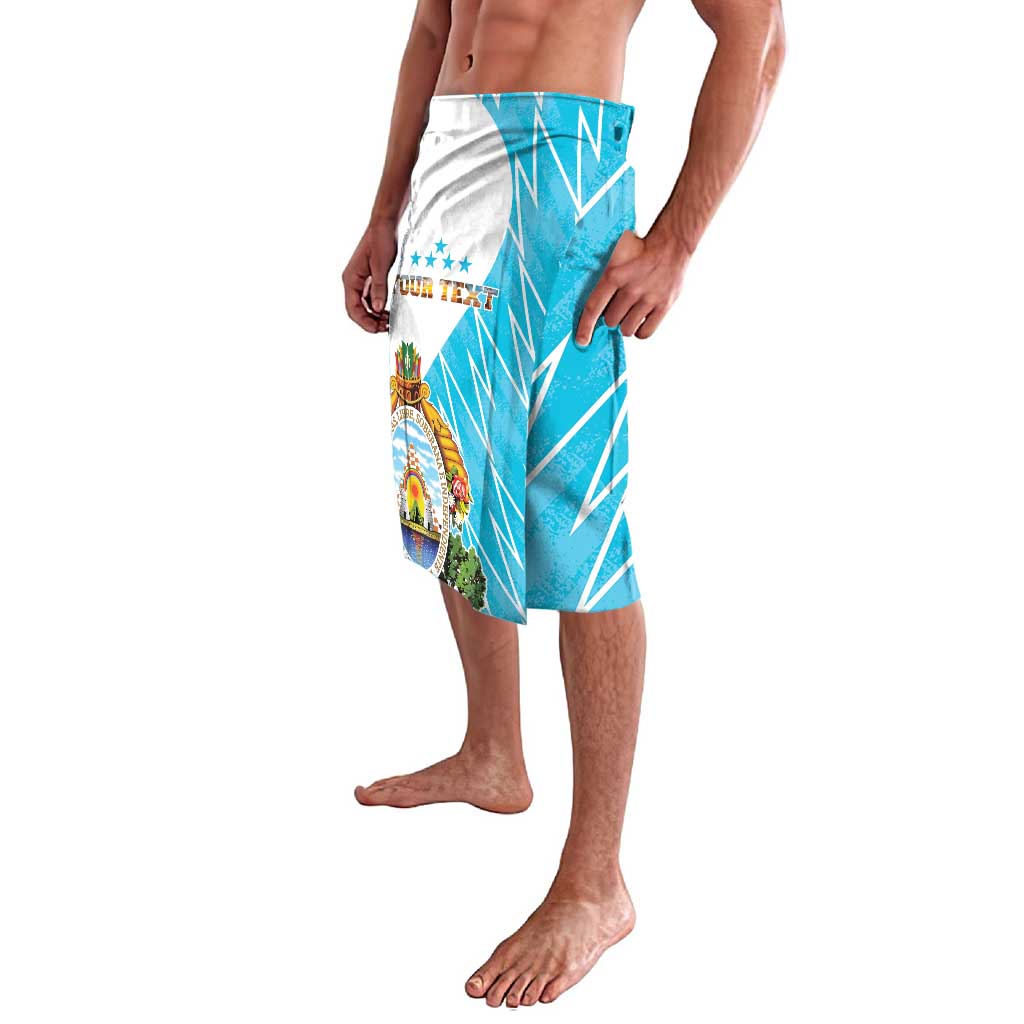 Lavalava sarong skirt with blue diagonal lines and Honduras crest on side panel