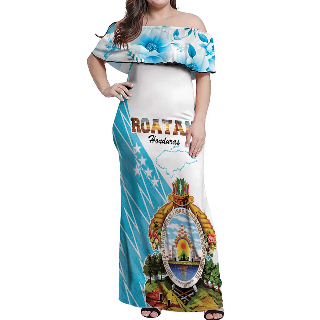 Personalized Honduras Coat Of Arms Off Shoulder Maxi Dress Flag Color Style - Wonder Print Shop