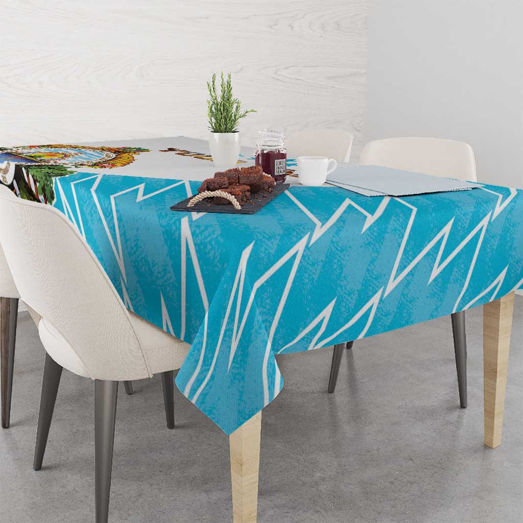 Personalized tablecloth with blue geometric pattern and Honduras crest, dining table set