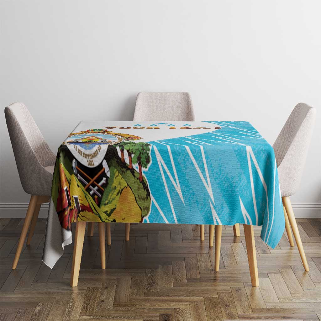 Personalized tablecloth with Honduras crest panel and blue striped geometric pattern