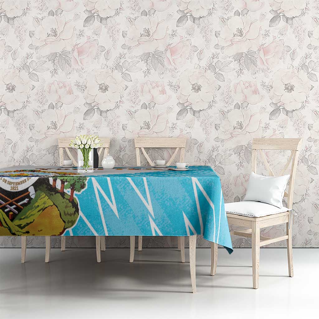Personalized tablecloth with Honduras crest image and blue geometric flag pattern