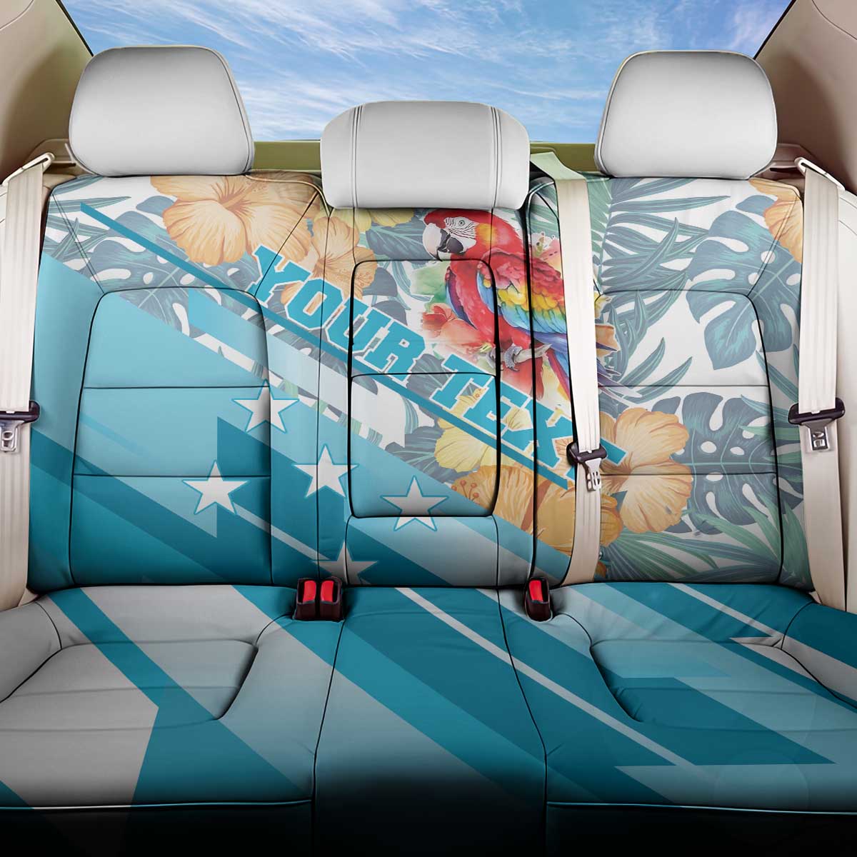 Personalized Roatan Honduras Back Car Seat Cover Scarlet Macaw With Hibiscus Flowers - Wonder Print Shop