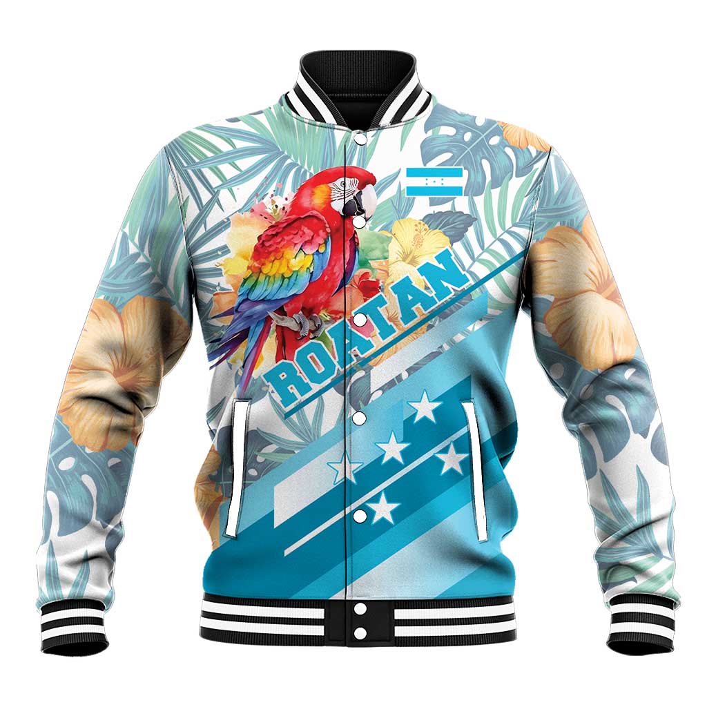 Personalized Roatan Honduras Baseball Jacket Scarlet Macaw With Hibiscus Flowers - Wonder Print Shop