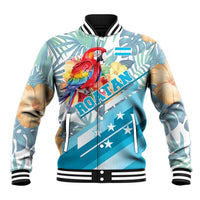 Blue tropical baseball jacket with red macaw and floral print, ribbed varsity trim