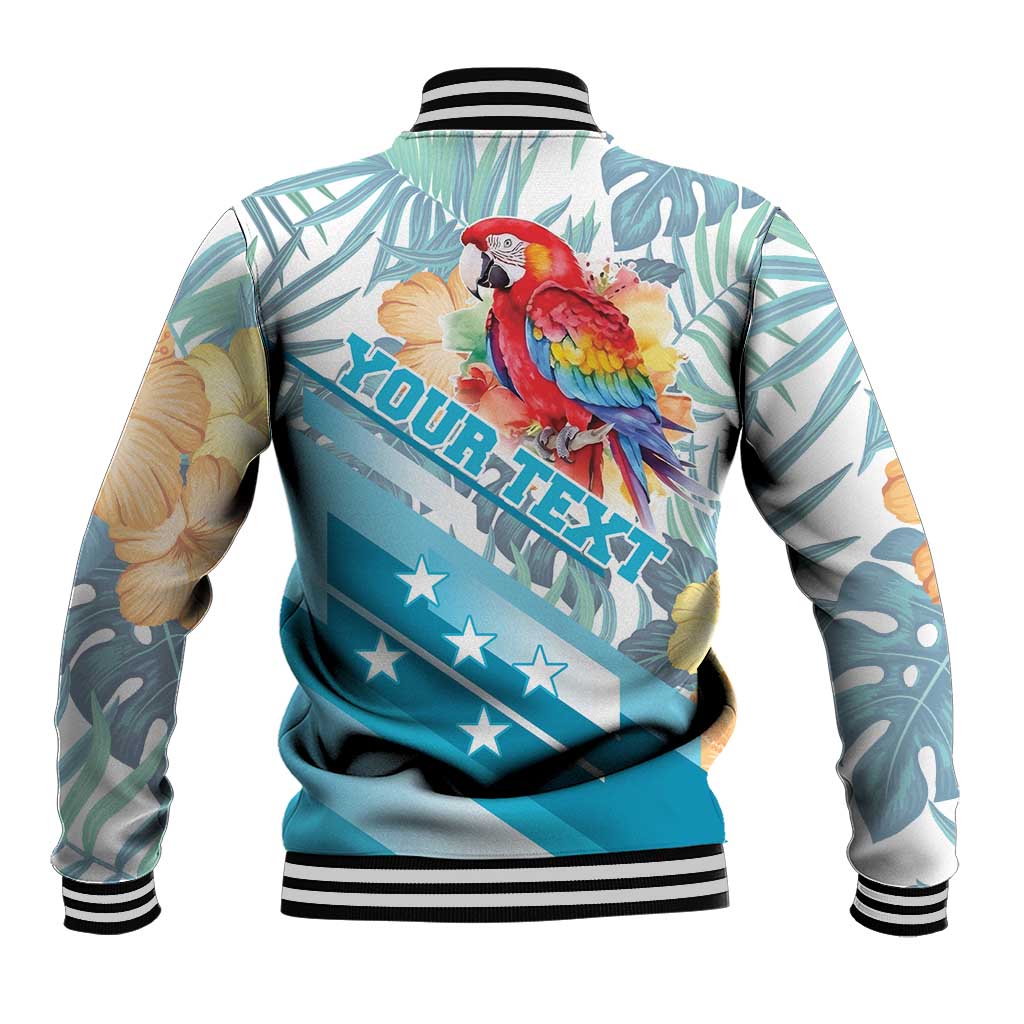 Back view blue tropical baseball jacket with red macaw and floral print, ribbed collar