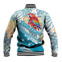 Back view blue tropical baseball jacket with red macaw and floral print, ribbed collar