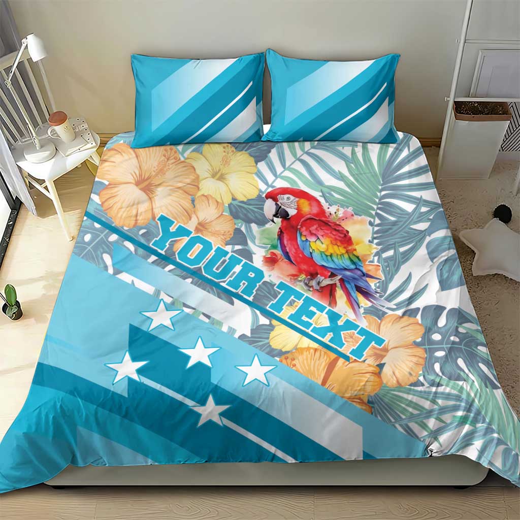 Blue bedding set with parrot and hibiscus, star-spangled stripes, duvet and two pillowcases