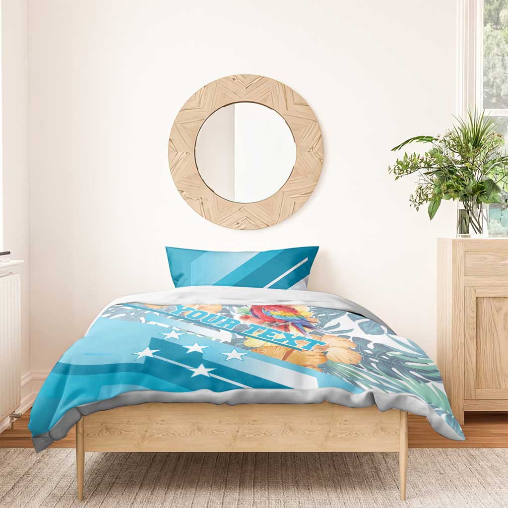 Blue bedding set with parrot and hibiscus print, star-spangled stripes, duvet with two pillowcases