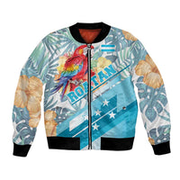 Unisex blue bomber jacket with tropical leaves, red macaw, hibiscus flowers, front zipper