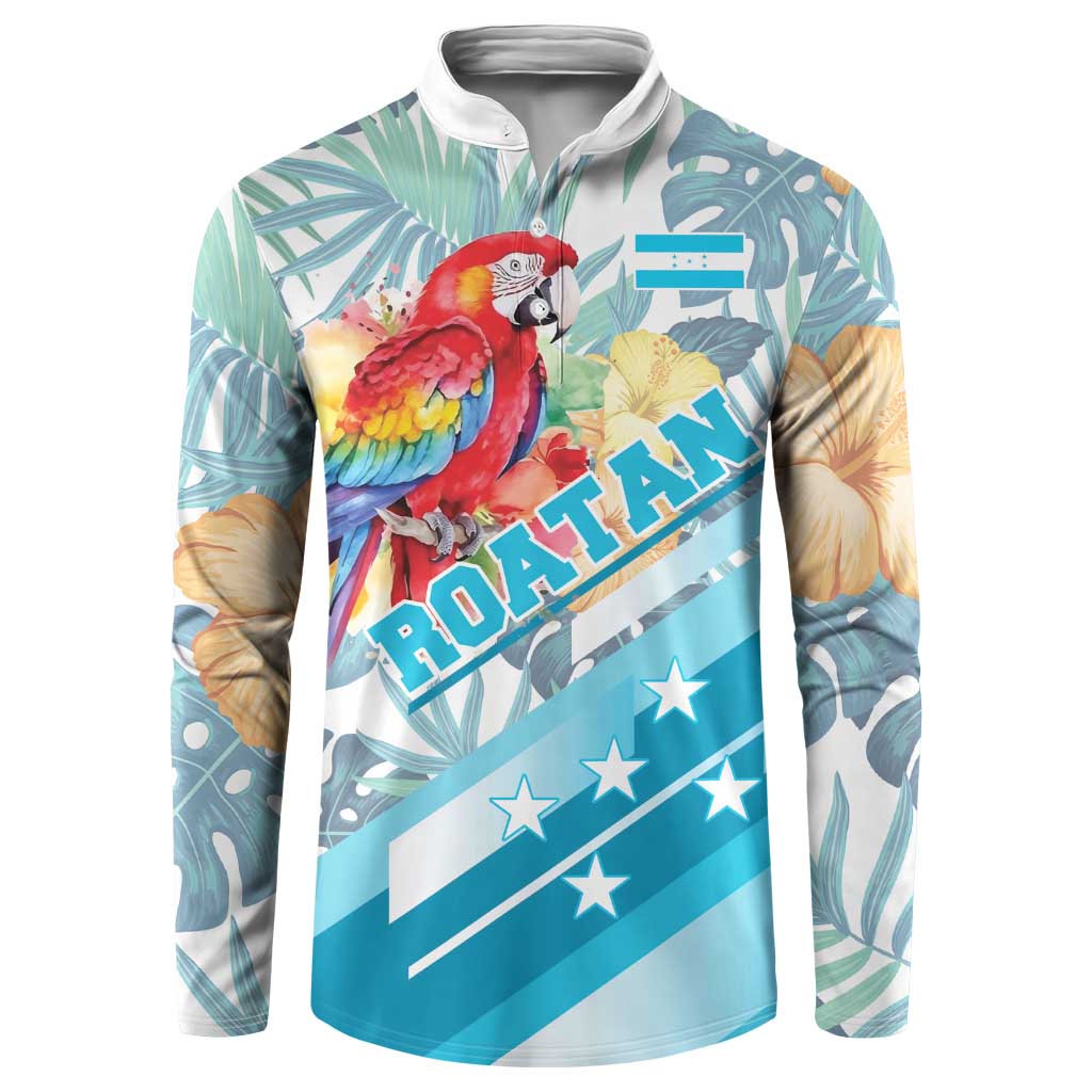 Turquoise button-front sweatshirt, macaw and flag-style Roatan print