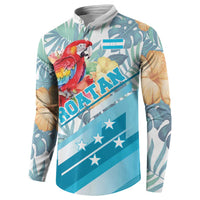 Turquoise button-front sweatshirt with macaw, tropical leaves, and Roatan graphic