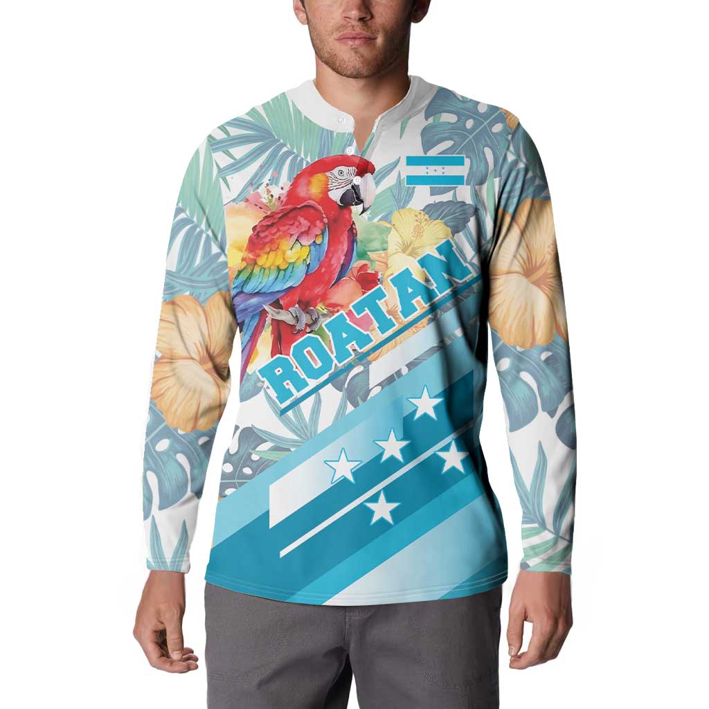 Turquoise button-front sweatshirt with macaw, tropical leaves, and Roatan flag graphic