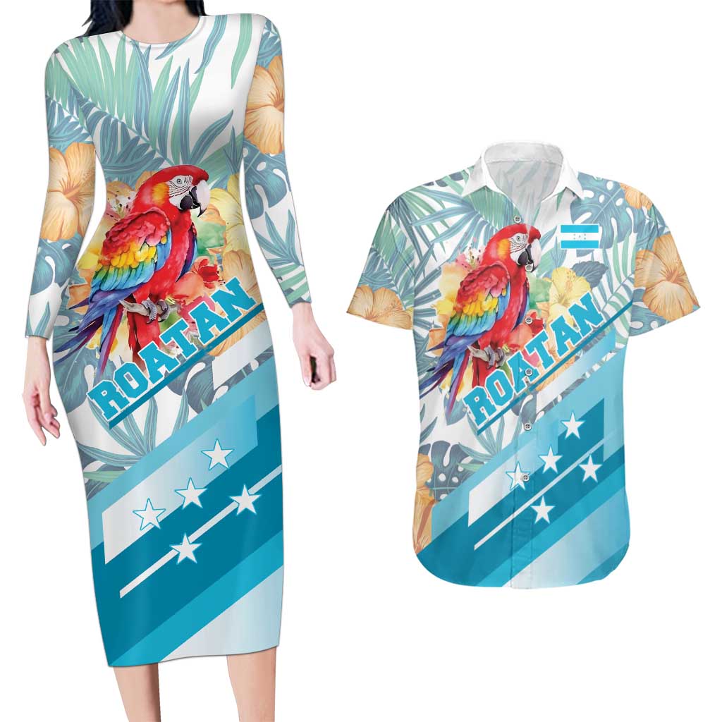 Personalized Roatan Honduras Couples Matching Long Sleeve Bodycon Dress and Hawaiian Shirt Scarlet Macaw With Hibiscus Flowers - Wonder Print Shop