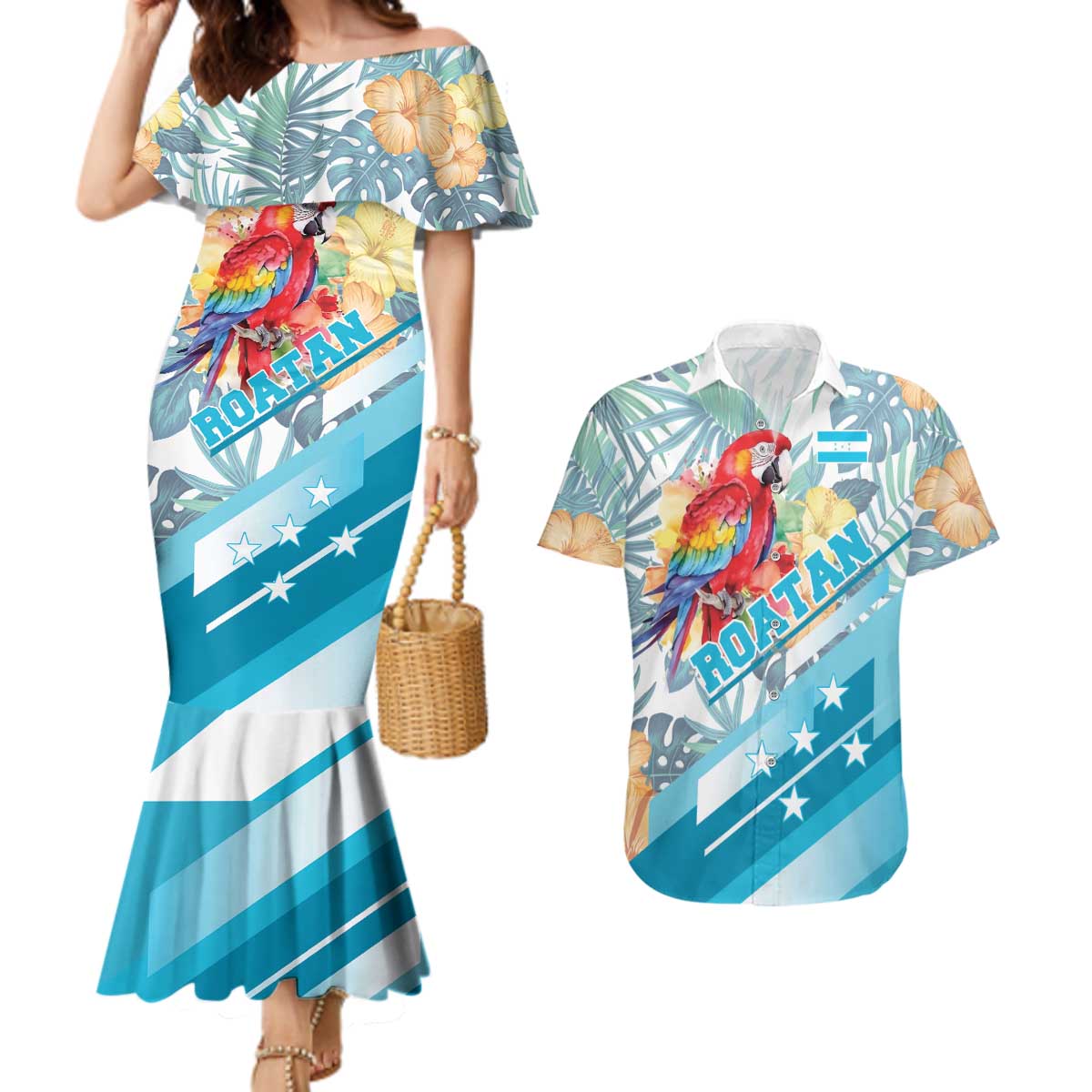 Personalized Roatan Honduras Couples Matching Mermaid Dress and Hawaiian Shirt Scarlet Macaw With Hibiscus Flowers - Wonder Print Shop