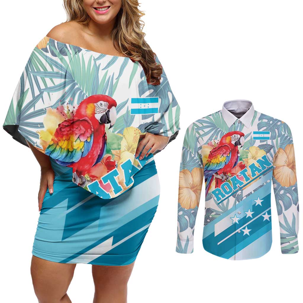 Personalized Roatan Honduras Couples Matching Off Shoulder Short Dress and Long Sleeve Button Shirt Scarlet Macaw With Hibiscus Flowers - Wonder Print Shop