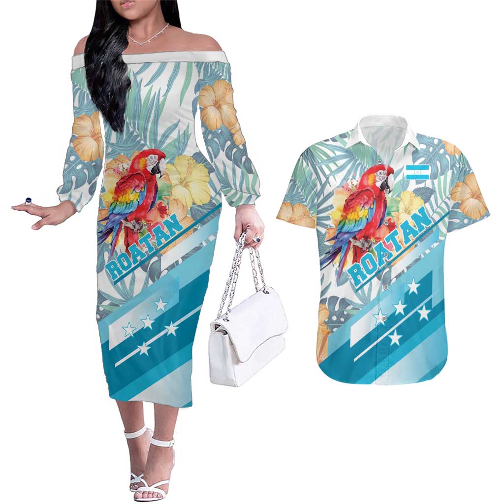 Personalized Roatan Honduras Couples Matching Off The Shoulder Long Sleeve Dress and Hawaiian Shirt Scarlet Macaw With Hibiscus Flowers - Wonder Print Shop