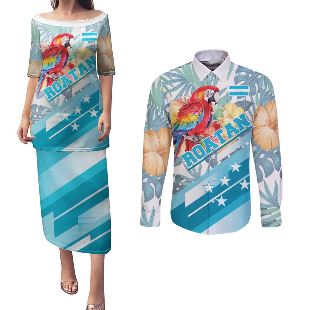 Personalized Roatan Honduras Couples Matching Puletasi and Long Sleeve Button Shirt Scarlet Macaw With Hibiscus Flowers - Wonder Print Shop