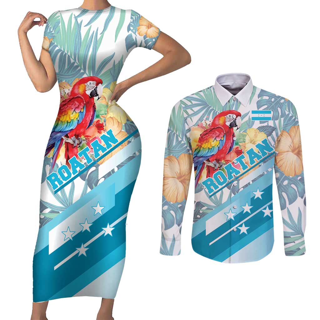 Personalized Roatan Honduras Couples Matching Short Sleeve Bodycon Dress and Long Sleeve Button Shirt Scarlet Macaw With Hibiscus Flowers - Wonder Print Shop