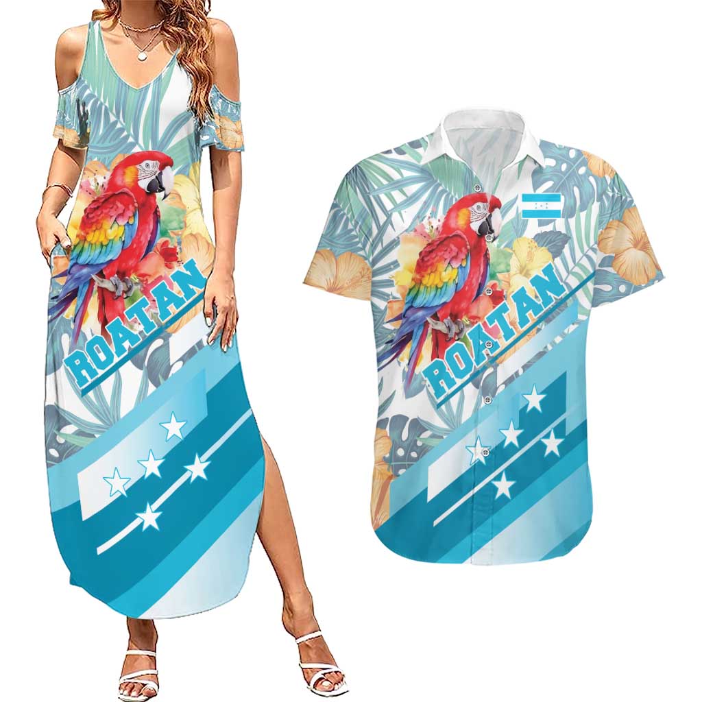 Personalized Roatan Honduras Couples Matching Summer Maxi Dress and Hawaiian Shirt Scarlet Macaw With Hibiscus Flowers - Wonder Print Shop