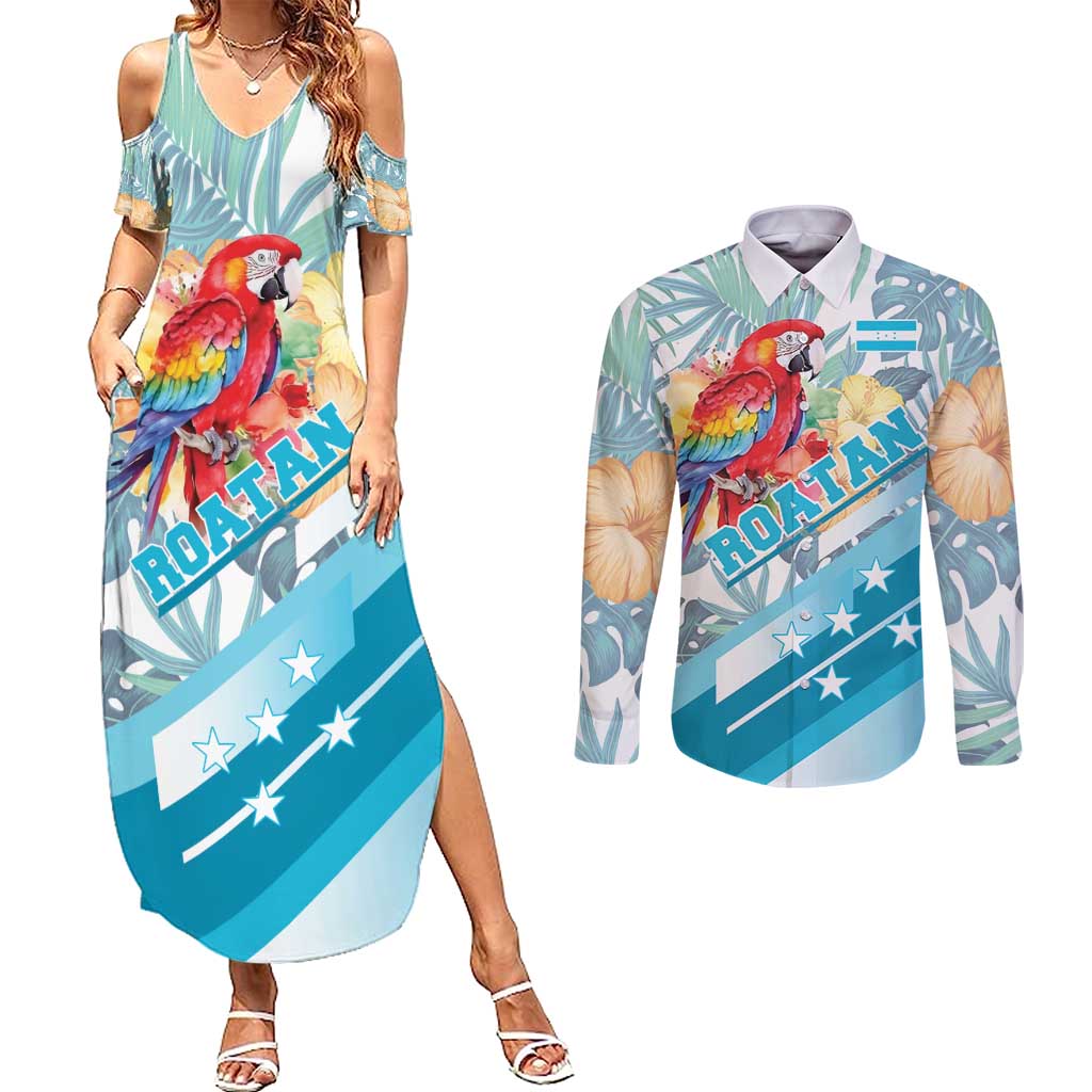 Personalized Roatan Honduras Couples Matching Summer Maxi Dress and Long Sleeve Button Shirt Scarlet Macaw With Hibiscus Flowers - Wonder Print Shop