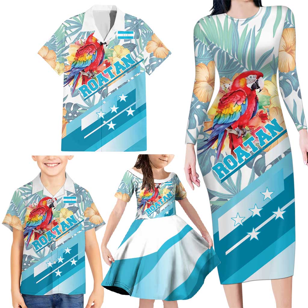 Personalized Roatan Honduras Family Matching Long Sleeve Bodycon Dress and Hawaiian Shirt Scarlet Macaw With Hibiscus Flowers - Wonder Print Shop