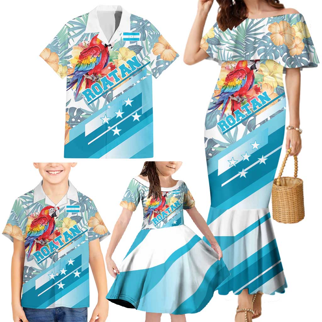 Personalized Roatan Honduras Family Matching Mermaid Dress and Hawaiian Shirt Scarlet Macaw With Hibiscus Flowers - Wonder Print Shop