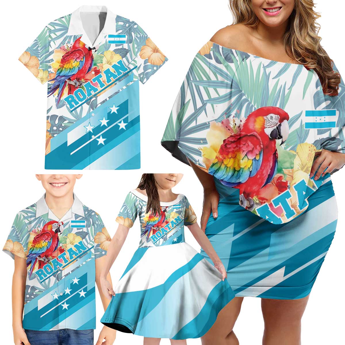 Personalized Roatan Honduras Family Matching Off Shoulder Short Dress and Hawaiian Shirt Scarlet Macaw With Hibiscus Flowers - Wonder Print Shop