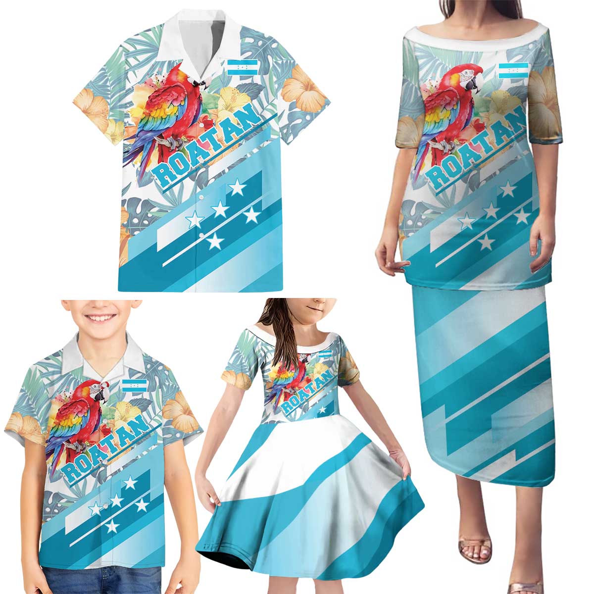 Personalized Roatan Honduras Family Matching Puletasi and Hawaiian Shirt Scarlet Macaw With Hibiscus Flowers - Wonder Print Shop