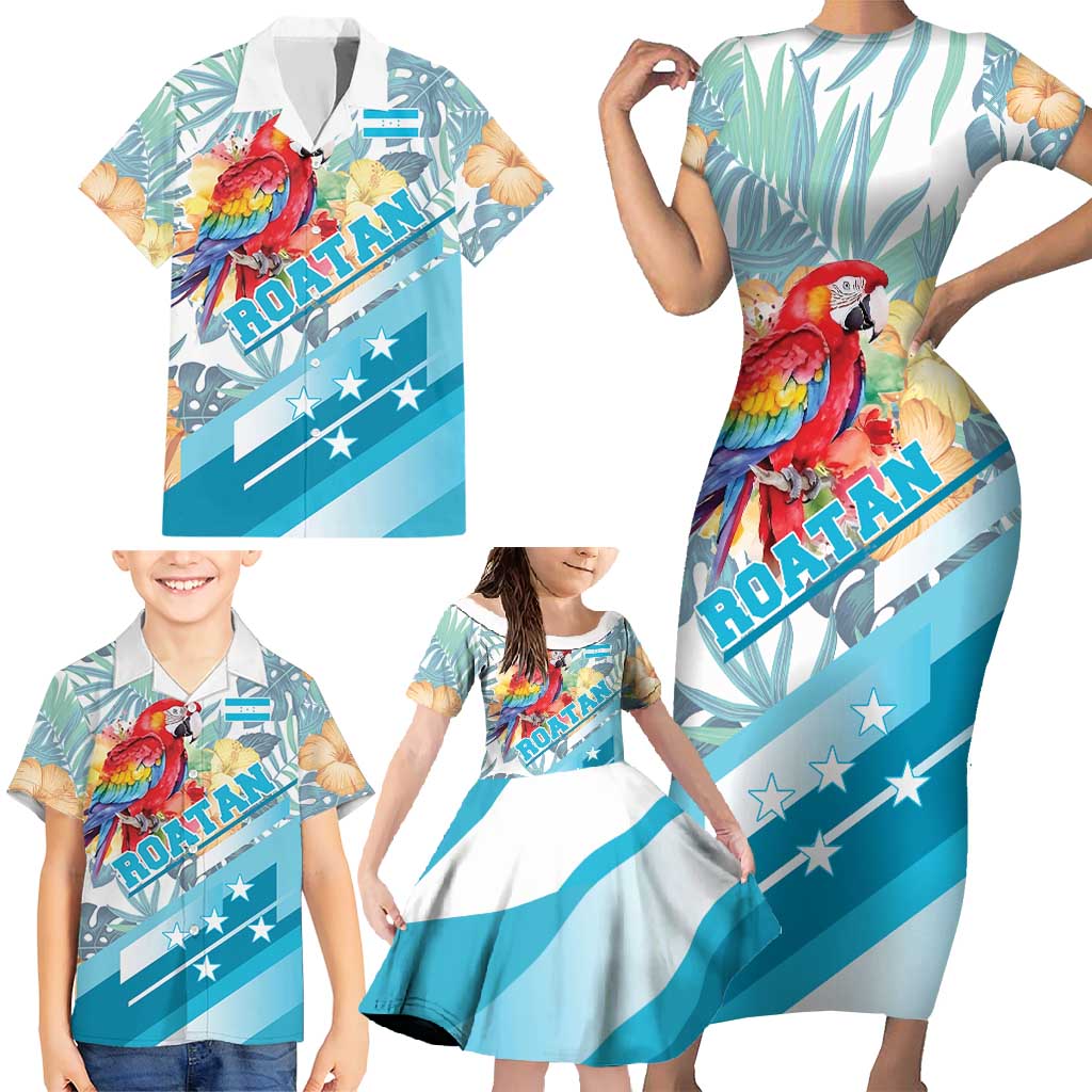 Personalized Roatan Honduras Family Matching Short Sleeve Bodycon Dress and Hawaiian Shirt Scarlet Macaw With Hibiscus Flowers - Wonder Print Shop