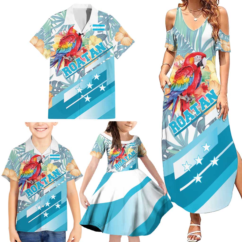 Personalized Roatan Honduras Family Matching Summer Maxi Dress and Hawaiian Shirt Scarlet Macaw With Hibiscus Flowers - Wonder Print Shop