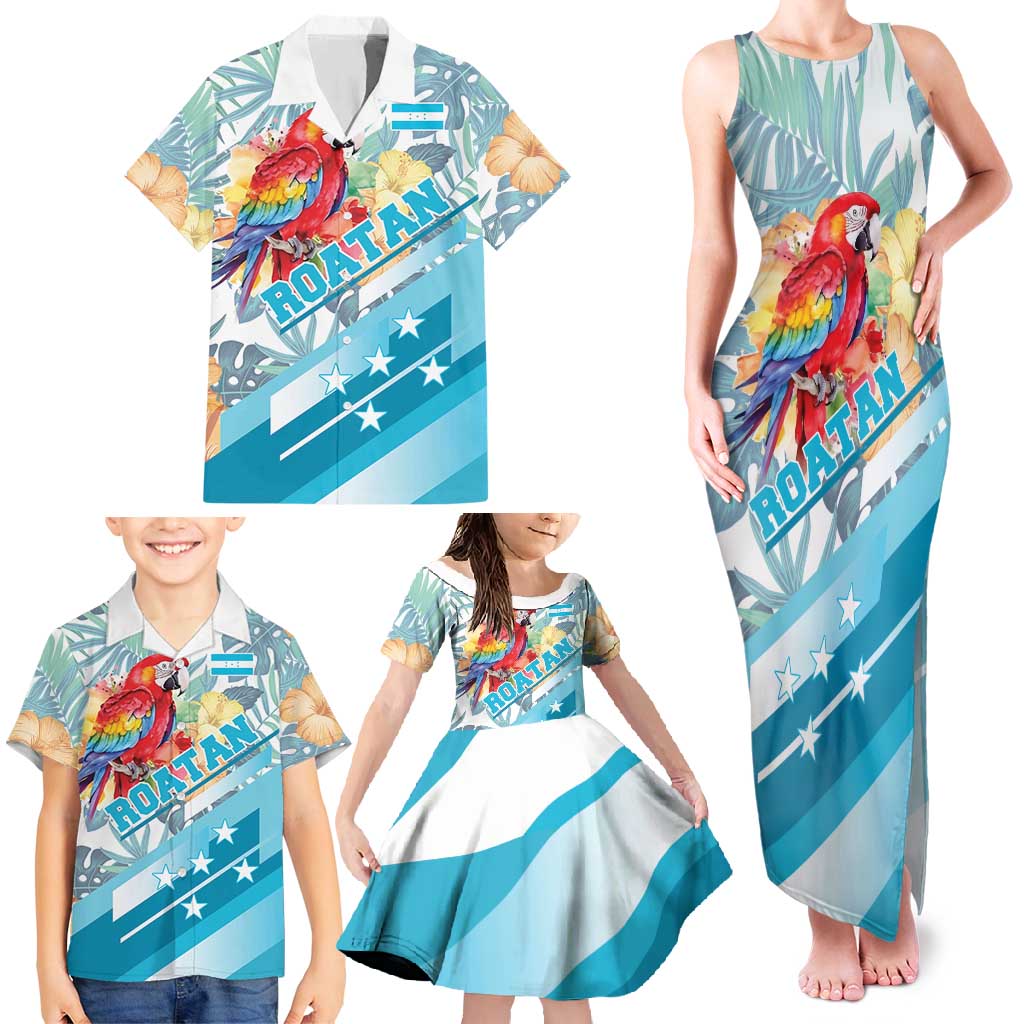 Personalized Roatan Honduras Family Matching Tank Maxi Dress and Hawaiian Shirt Scarlet Macaw With Hibiscus Flowers - Wonder Print Shop