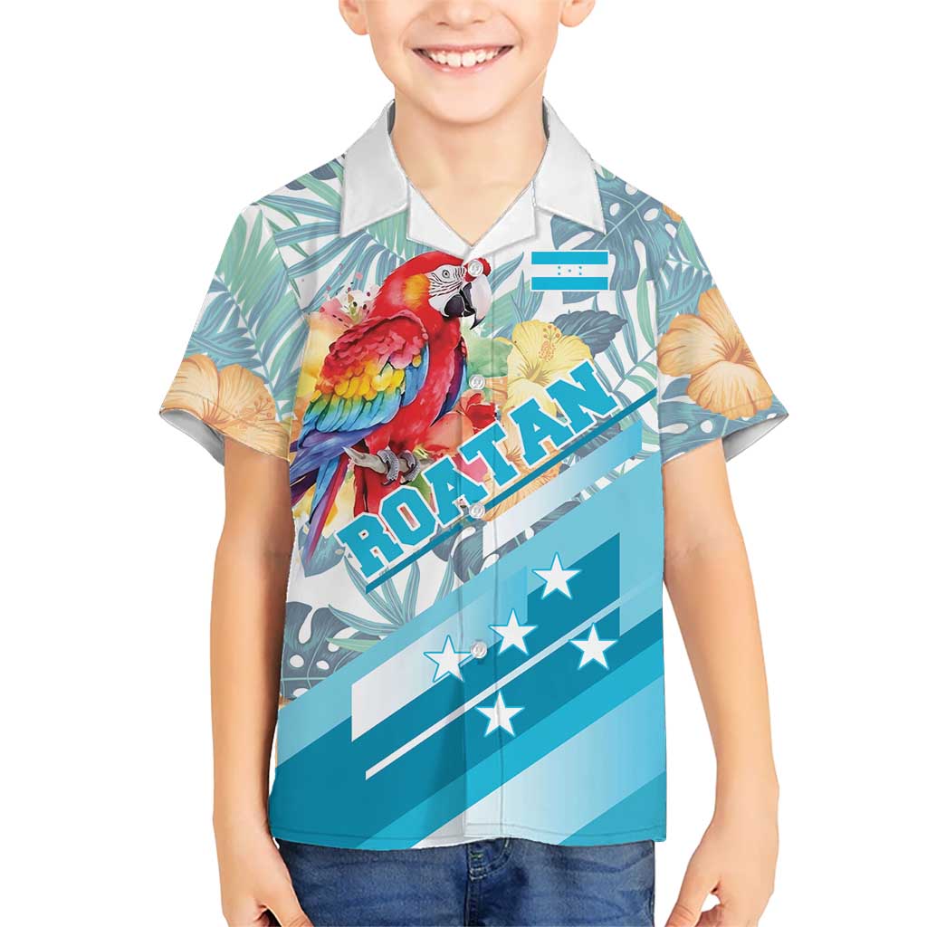 Personalized Roatan Honduras Kid Hawaiian Shirt Scarlet Macaw With Hibiscus Flowers - Wonder Print Shop