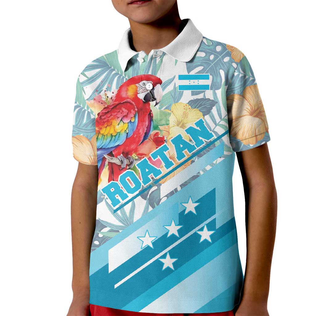 Personalized Roatan Honduras Kid Polo Shirt Scarlet Macaw With Hibiscus Flowers - Wonder Print Shop