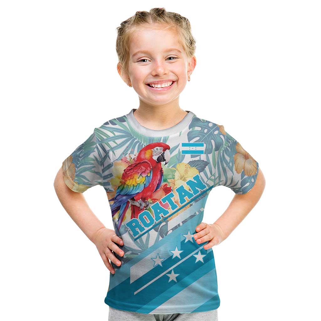 Personalized Roatan Honduras Kid T Shirt Scarlet Macaw With Hibiscus Flowers - Wonder Print Shop