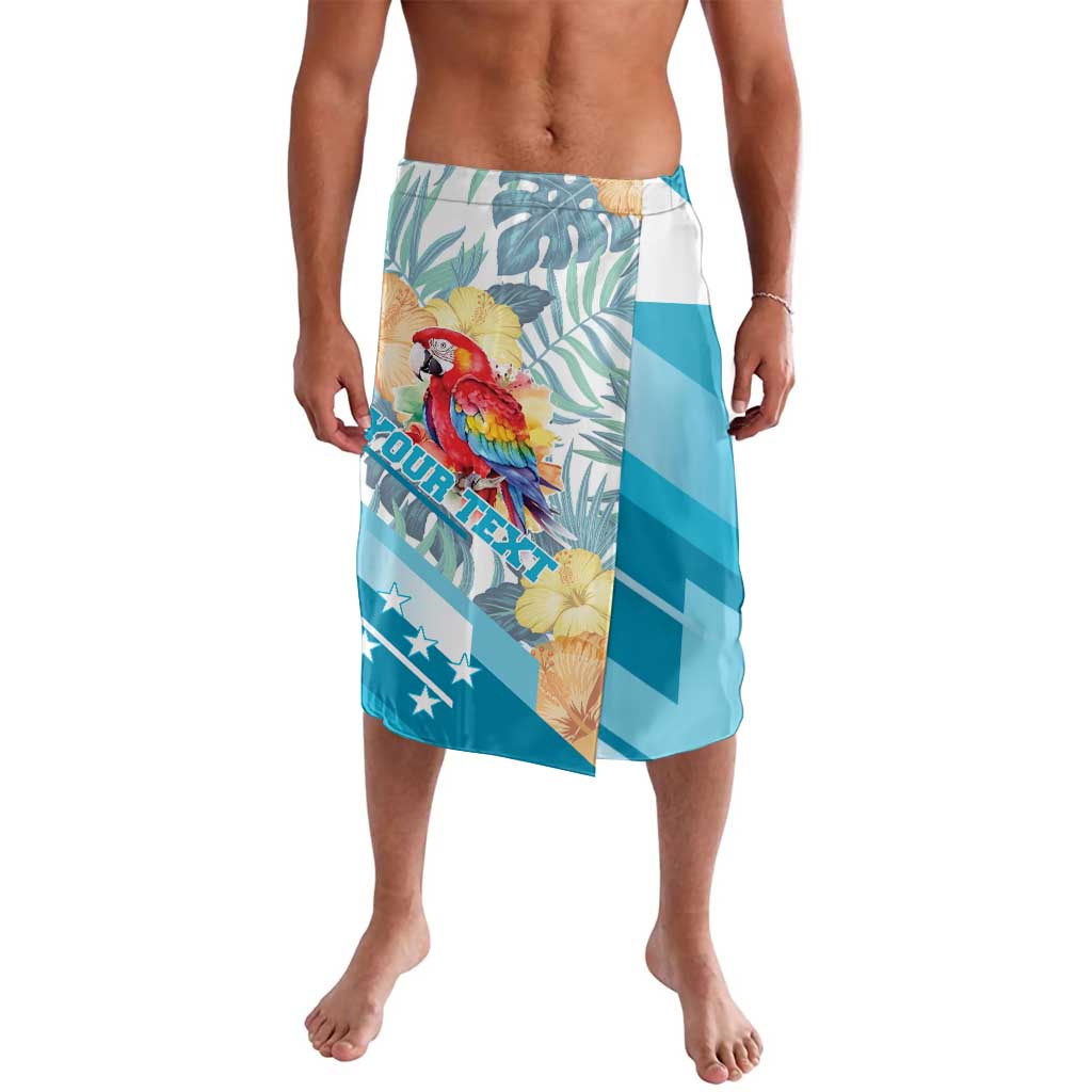 Blue tropical wrap skirt with red macaw, palm leaves, stars, and diagonal stripes