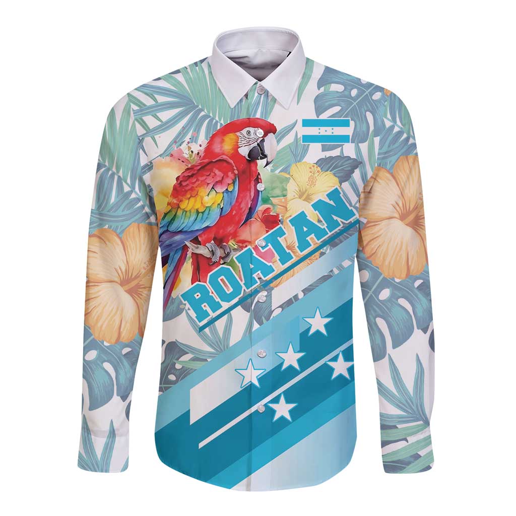 Blue long-sleeve button-up shirt with parrot graphic and tropical leaf pattern