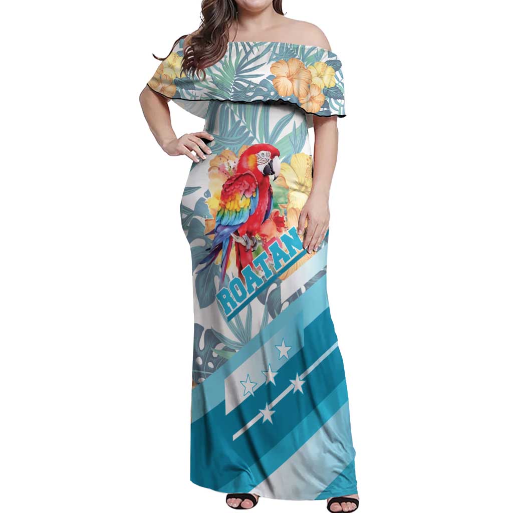 Personalized Roatan Honduras Off Shoulder Maxi Dress Scarlet Macaw With Hibiscus Flowers - Wonder Print Shop