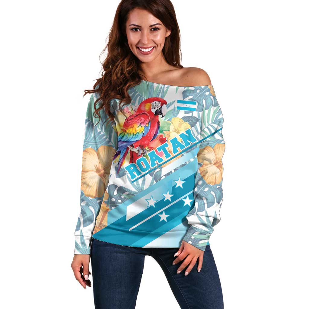 Personalized Roatan Honduras Off Shoulder Sweater Scarlet Macaw With Hibiscus Flowers - Wonder Print Shop