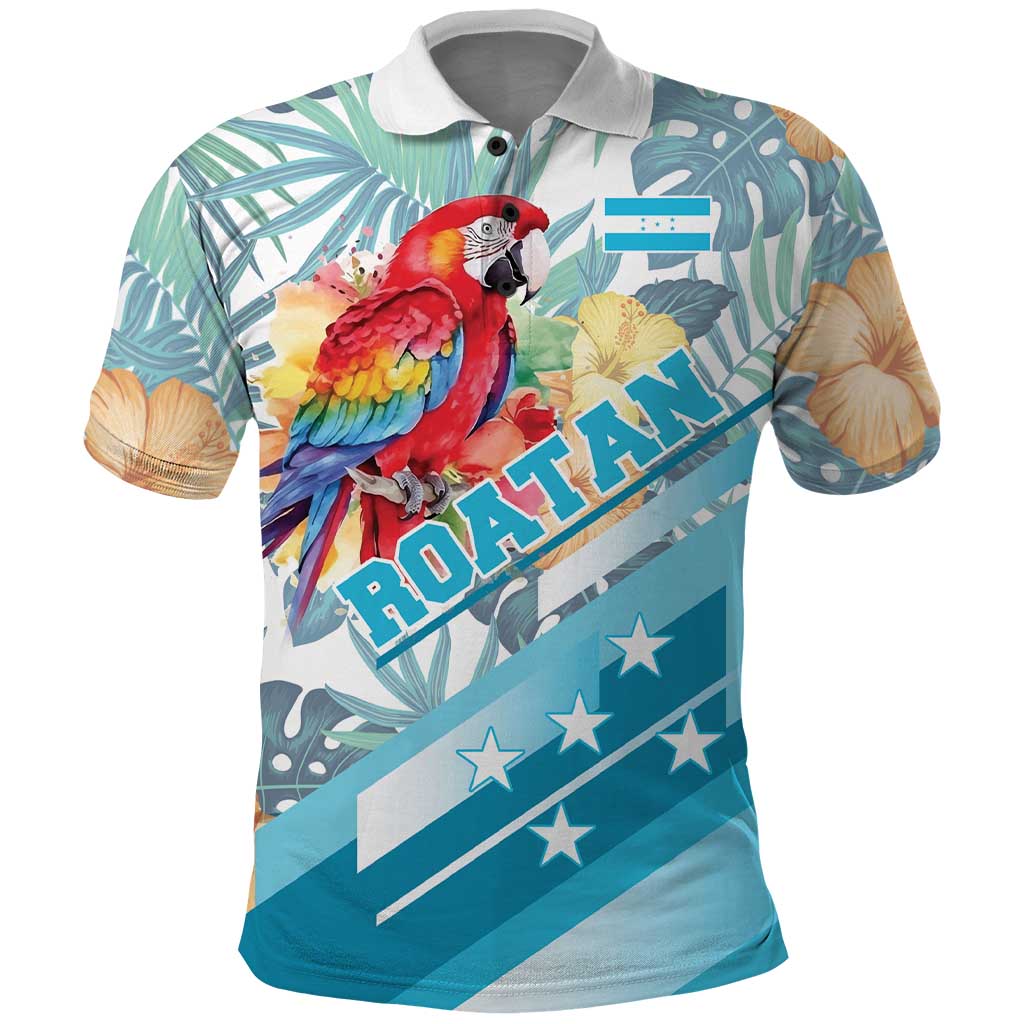 Personalized Roatan Honduras Polo Shirt Scarlet Macaw With Hibiscus Flowers - Wonder Print Shop