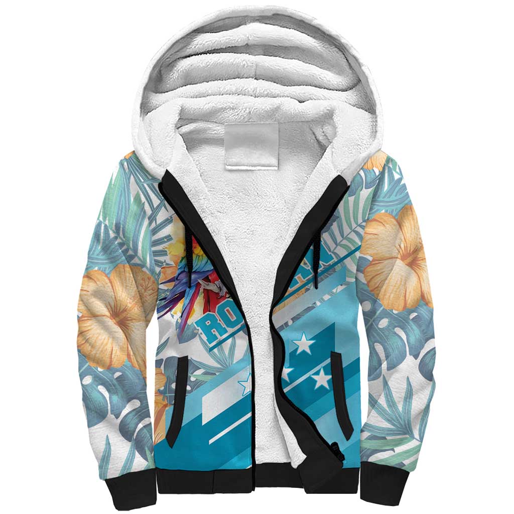 Personalized Roatan Honduras Sherpa Hoodie Scarlet Macaw With Hibiscus Flowers - Wonder Print Shop