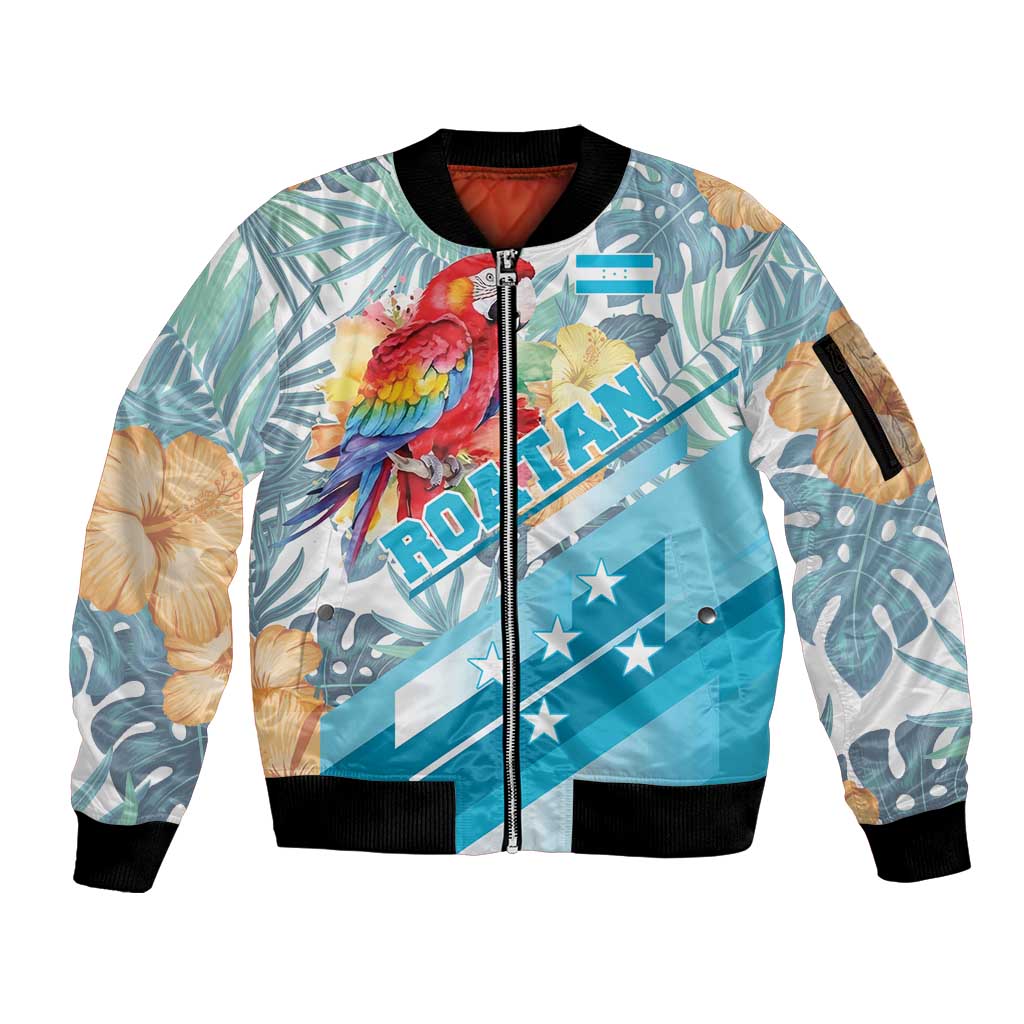 Personalized Roatan Honduras Sleeve Zip Bomber Jacket Scarlet Macaw With Hibiscus Flowers - Wonder Print Shop